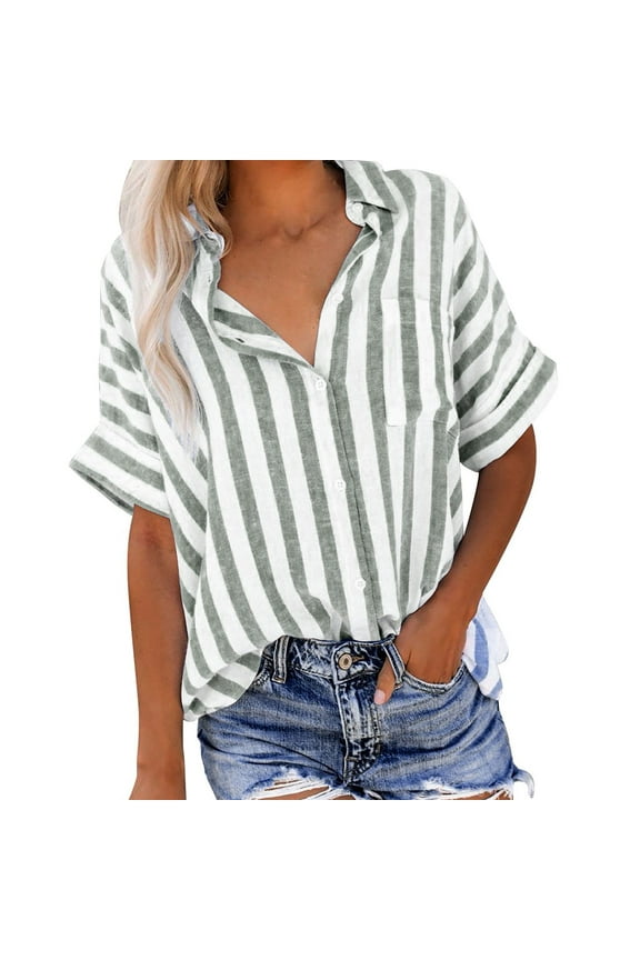 Womens T Shirts Casual Summer Trendy Stripe Tees Collared Button Down Short Sleeve Beach Vocation Tops