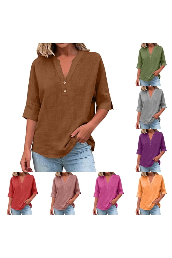 Womens T Shirts Casual V Neck Button Down 3 4 Sleeve Tops Solid Heather Grey Soft Comfy Tees for Office Work