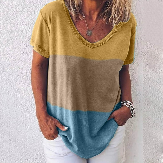 Womens T Shirts Casual Women Letters Striped Print Shirt V-Neck Short Sleeve Tee Tops Tunic clothes under $10.00