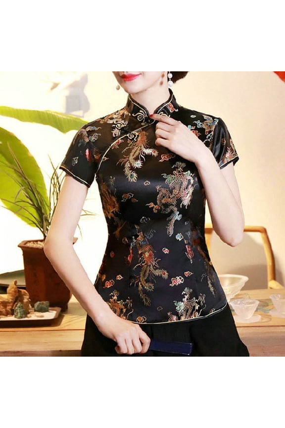 Womens T Shirts Cheongsam Custom Print Neck Short Sleeve Button Blouse Tops for Daily Womens Tees Black L