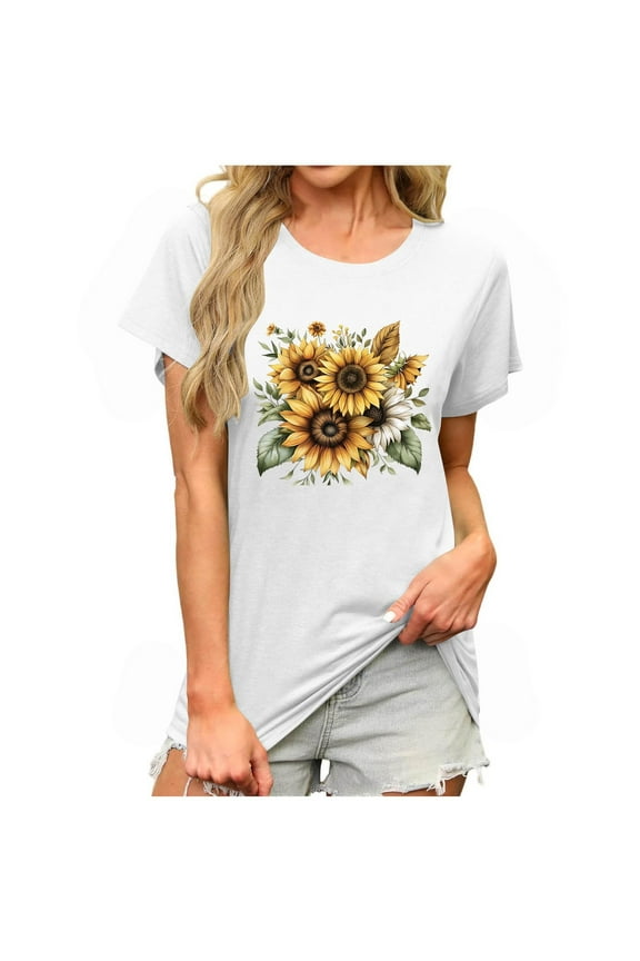 Womens T Shirts Women's Sunflower Print Tops Casual Loose Floral Print Crew Neck Graphic Tees Shirts Short Sleeve Blouses Summer T-Shirt New A-White XL