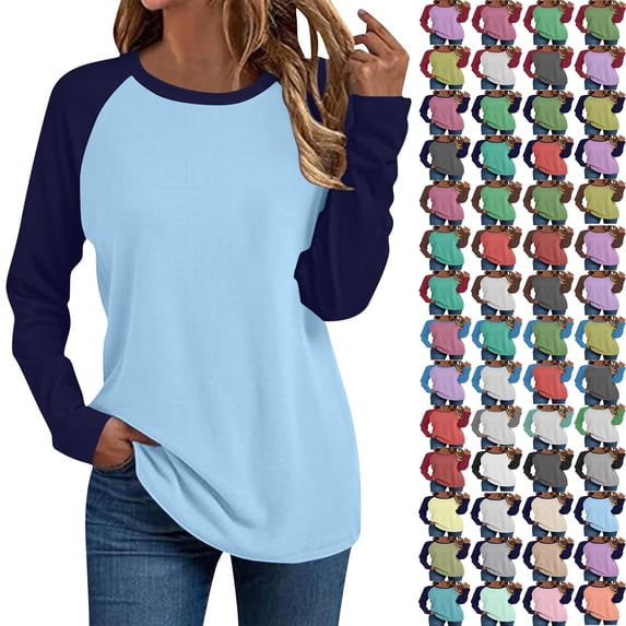 Womens T-Shirts Color Block Baseball Tee Long Sleeve Raglan Shirt with Round Neck