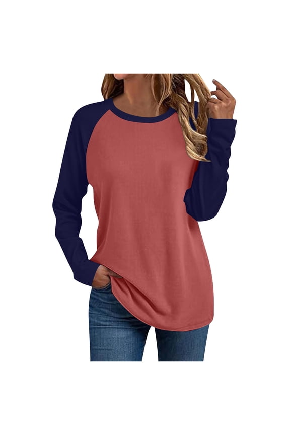 Womens T-Shirts Color Block Baseball Tee Long Sleeve Raglan Shirt with Round Neck