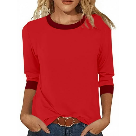 Womens T Shirts Color Block Long Sleeve Dressy Casual Crew Neck Basics Tees 2025 Trendy Loose Fit Tunic Tops