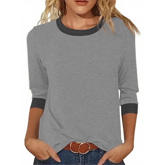 Womens T Shirts Color Block Long Sleeve Dressy Casual Crew Neck Basics Tees 2025 Trendy Loose Fit Tunic Tops