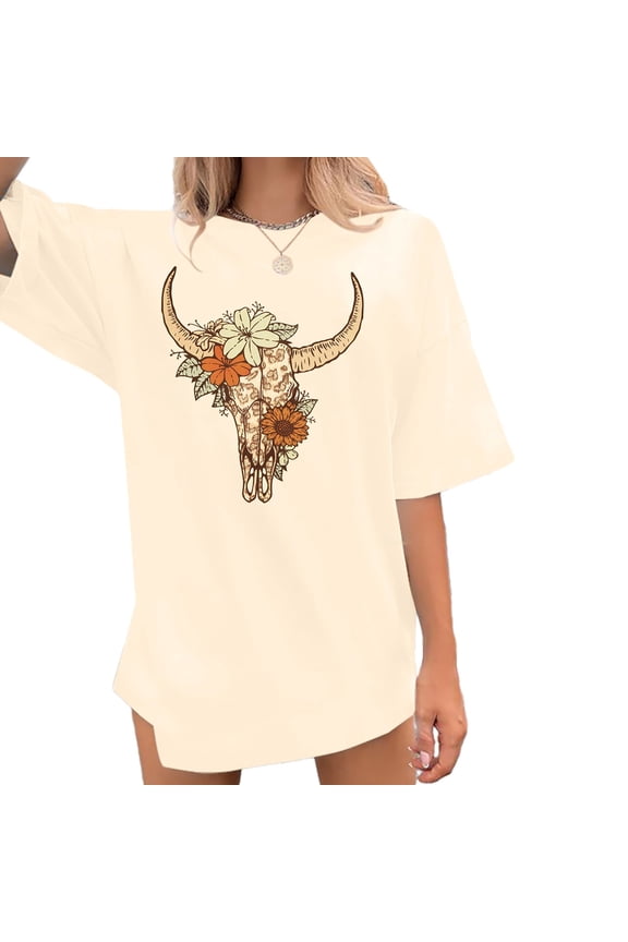 Womens T Shirts Cow Print Crew Neck Short Sleeve Loose Blouse Comfortable Womens Tees Beige XXL