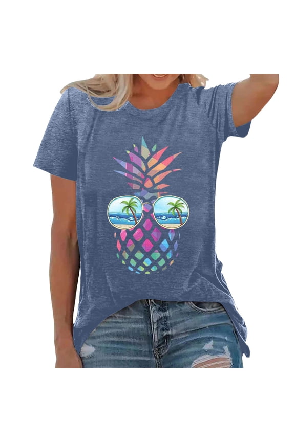 Womens T Shirts Crew Neck Fashion Casual Tops 2026 Pineapple Print Short Sleeve Y2K Tee