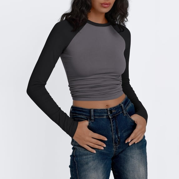 Womens T Shirts Crew Neck Long Sleeve Color Block Raglan Pullover Slim Fit Lightweight Casual Autumn Tops Gray XL