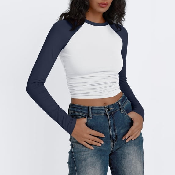 Womens T Shirts Crew Neck Long Sleeve Color Block Raglan Pullover Slim Fit Lightweight Casual Autumn Tops Navy M