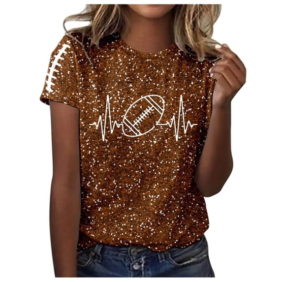 Womens T Shirts Crew Neck Rugby Print Sequin International Breast Cancer Awareness Month Top Tee Outings Fit Dressy Casual Summer Shirts