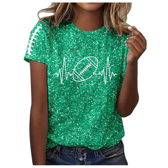 Womens T Shirts Crew Neck Rugby Print Sequin Top Tee Outings Fit Dressy Casual Summer Shirts