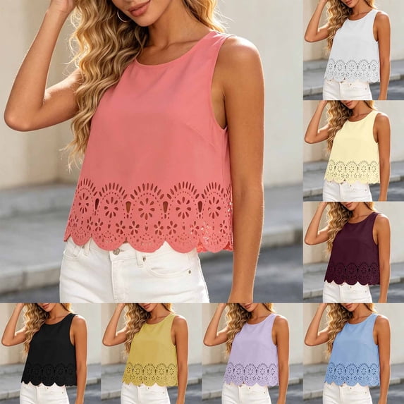 Womens T-Shirts, Crew Neck Sleeveless Solid Pullover Tops with Cutout Hem Design, Summer Beach Travel Casual Wear | VerBelle,Yellow XL