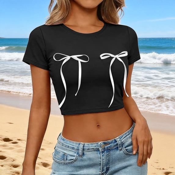 Womens T Shirts Crop Tops Basic Tees Casual Slim Fit Crew Neck Short Sleeve Tshirts Bow Print Blouses Breast Cancer Awareness Summer Trendy Black
