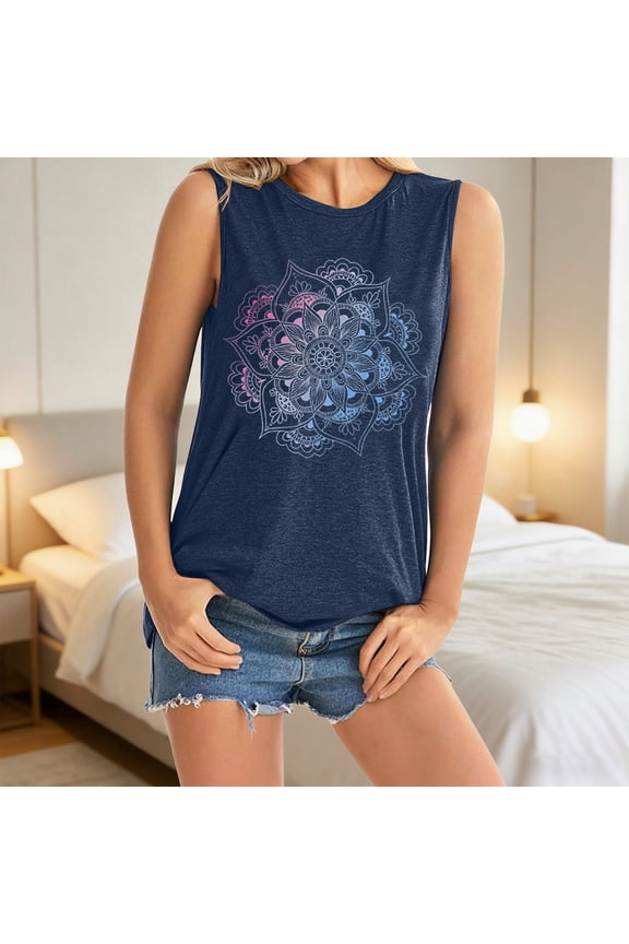 Womens T Shirts Custom Print Crew Neck Sleeveless Loose Fit Tank Tops for Everyday Casual Graphic Tees for Women Navy XXL