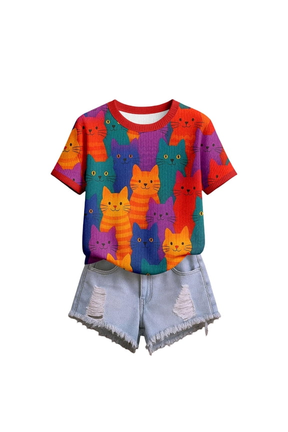 Womens T Shirts Cute Cat Animal Color Block Short Sleeve Summer Knit Fashion Y2K Clothes 2026 Red L