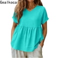 thumbnail image 1 of Gealkoca Womens T Shirts Ruffle Short Sleeve V Neck Casual Linen Tops Summer Fashion Clothes Women Linen Solid Color Pullover Pleated Beach Shirts, 1 of 4