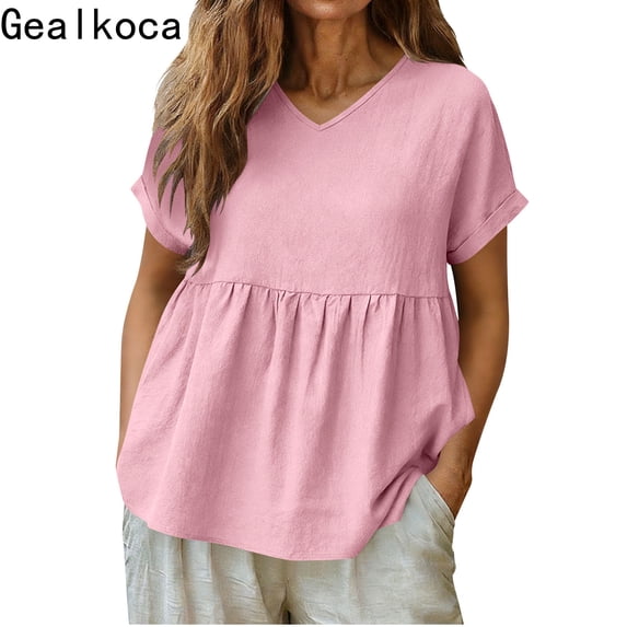 Gealkoca Womens T Shirts Ruffle Short Sleeve V Neck Casual Linen Tops Summer Fashion Clothes Women Linen Solid Color Pullover Pleated Beach Shirts
