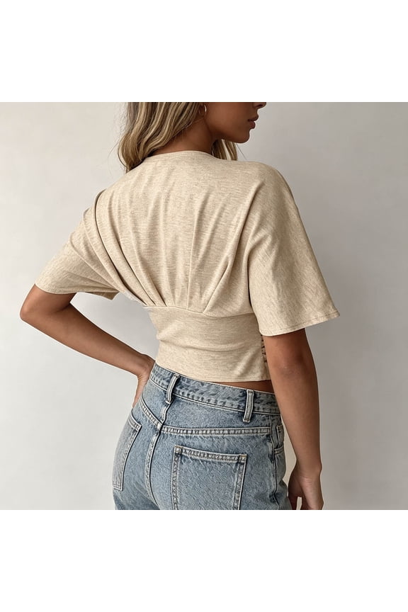 Womens T Shirts Deep V Neck Short Sleeve Ruched Slim Fit Solid Print Waist-Defined Tops for Date Nights Womens Graphic Tees Beige S