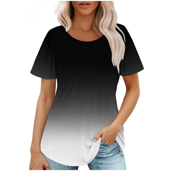 Womens T Shirts, Elegant Short Sleeve Pleated Tunic Tops Dressy Casual Round Neck Summer Tops Blouses Loose Fit Solid Color Longline Tunics Work Blouse for Leggings