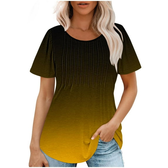 Womens T Shirts, Elegant Short Sleeve Pleated Tunic Tops Dressy Casual Round Neck Summer Tops Blouses Loose Fit Solid Color Longline Tunics Work Blouse for Leggings