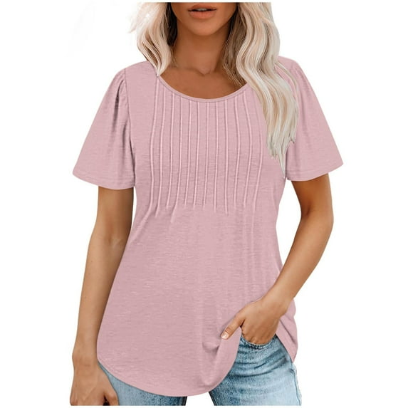 Womens T Shirts, Elegant Short Sleeve Pleated Tunic Tops Dressy Casual Round Neck Summer Tops Blouses Loose Fit Solid Color Longline Tunics Work Blouse for Leggings