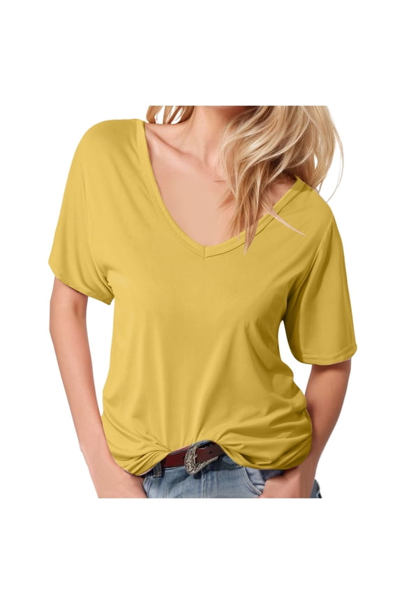 Womens T Shirts Fashion Deep V Neck Top Solid Color Casual Loose Short Sleeve