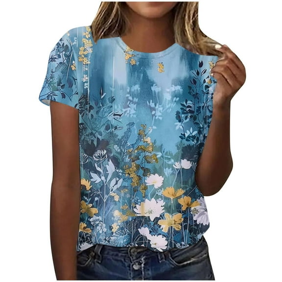 Womens T-Shirts Fashion Floral Print Shirts Loose Casual Pullover Short Sleeve Blouses Tops Summer Clothing Top for Women