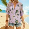 thumbnail image 1 of Womens T Shirts Fashion Puffed Floral Print Women's Tops Casual Summer Short Sleeve Beach Vacation Boho Shirts Comfy Loose Linen V Neck Going Out Tops, 1 of 9