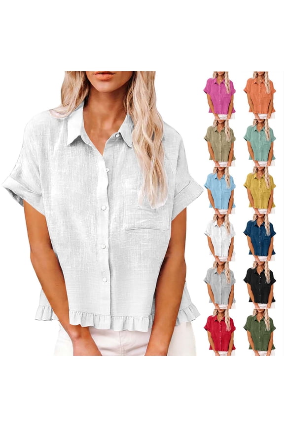 Womens T Shirts Fashion Spring Clothing Fabric Solid Color Front Pocket Hem Fringe Short Sleeve Flared Collar Top