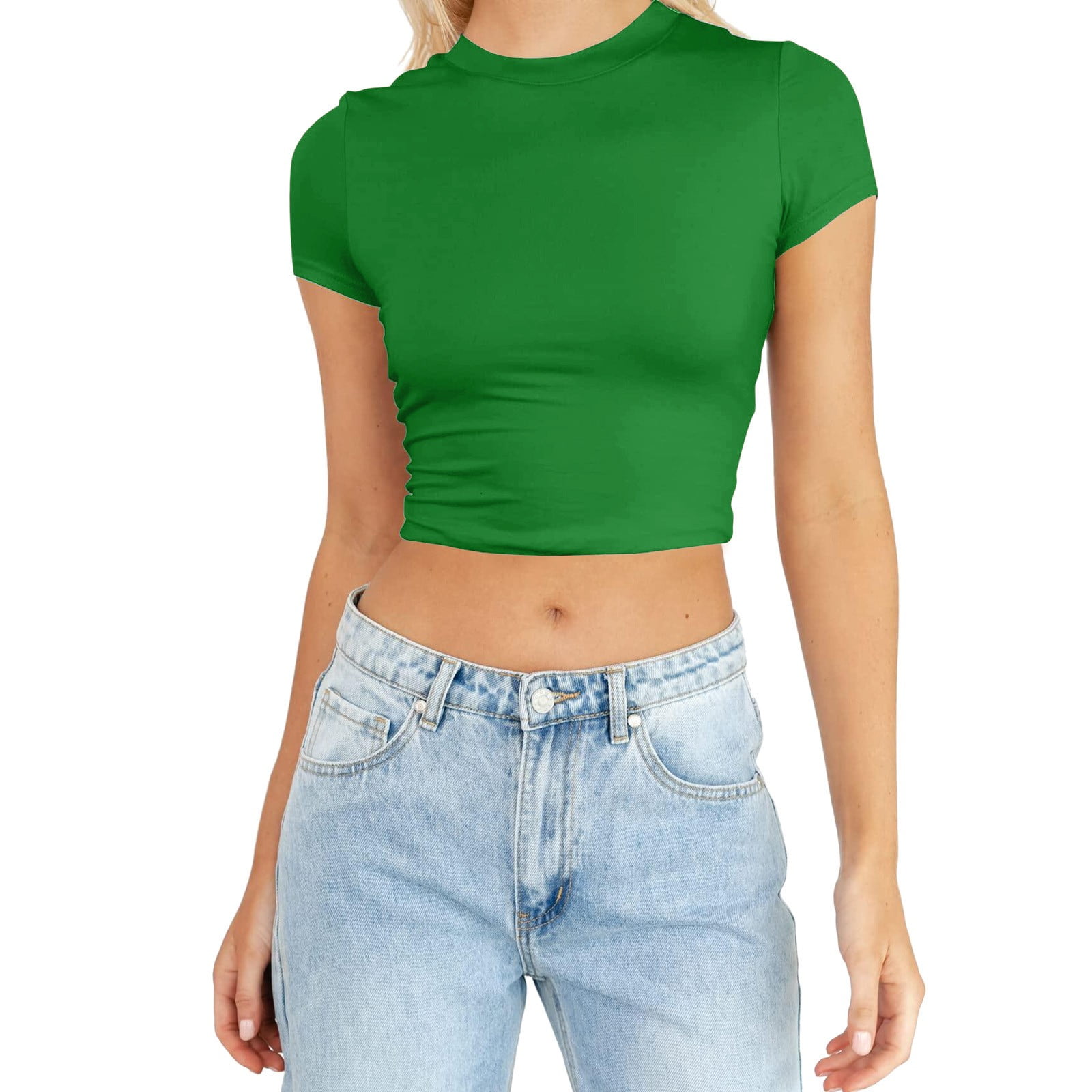 Womens T Shirts Fashion Summer Short Sleeve Cute Crop Tops Casual Basic Crewneck Slim Fit T