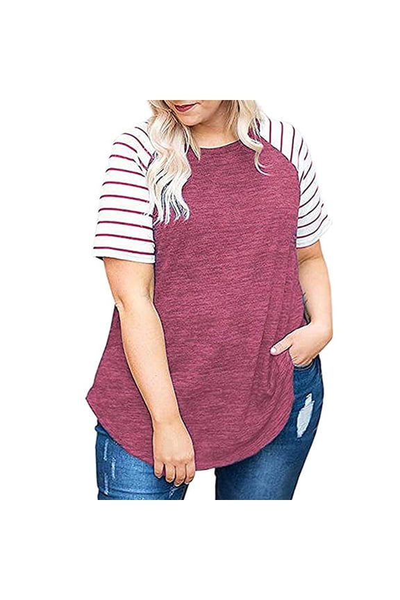 Womens T Shirts Fashion Women Splicing Stripe Short Sleeves O-Neck T-Shirt Blouse Tops clothes under $10.00