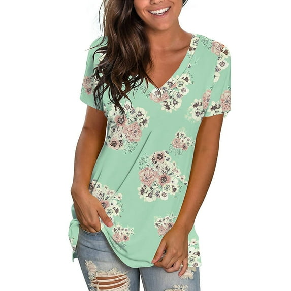Womens T Shirts Fashion Women V-neck Printed T-shirt Casual Loose Pullover Short Sleeve Tops