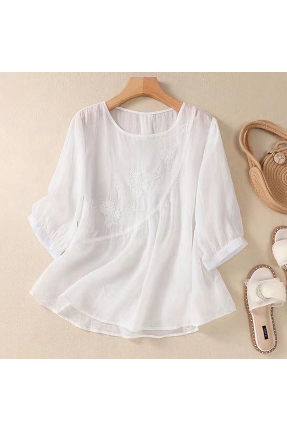 Womens T Shirts Floral Embroidered Round Neck Long Sleeve Loose Fit Applique Top Womens Blouse White XXXXL