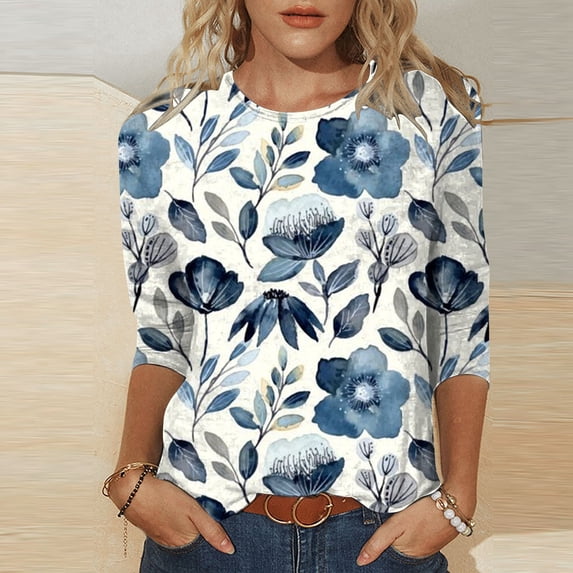 Womens T Shirts Floral Print Round Neck 3/4 Sleeve Loose Fit Tops 2026 Spring Casual Basic Tees Fashion
