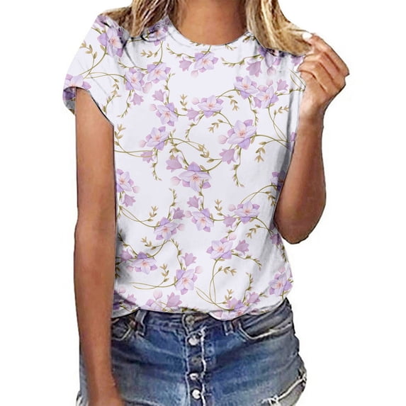 Womens T Shirts Floral Print Round Neck Short Sleeve Spring Summer Casual Slim Fit Layer Clothes Light Purple L