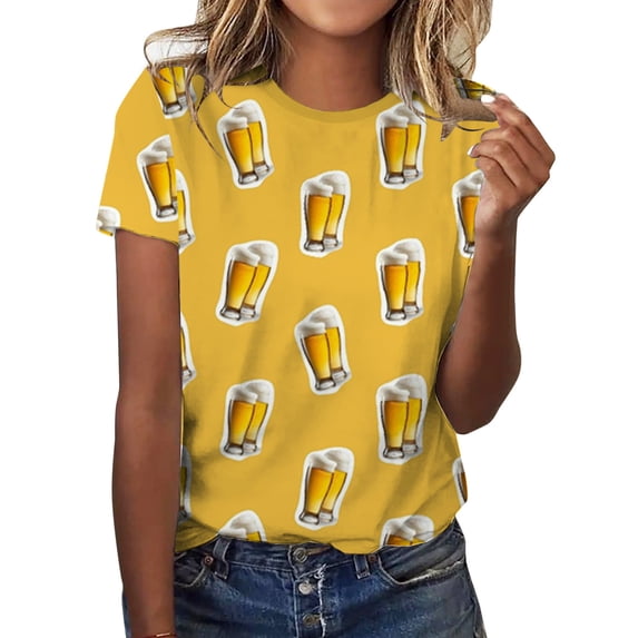 Womens T Shirts German Oktoberfest Bavarian Traditional National Dress Print Casual Loose Round Neck Short Sleeve Shirts for Women