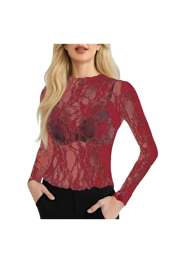 Womens T Shirts Graphic Mesh Long Sleeve Mock Neck Sheer ee Through Floral Lace Y2k Clothes Red 2XL
