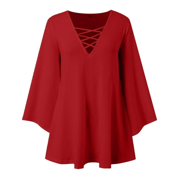 Womens T Shirts Graphic Solid Crisscross Lace-Up V Neck Flare Long Sleeve Tunic Plus Size Clothes Red S