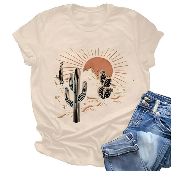 Womens T Shirts Graphic Tshirts Ladies Casual Cactus Print Round Neck Short Sleeve T-Shirts Tops Under $5