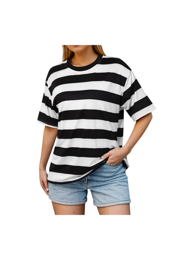 Womens T-Shirts Half Sleeve Round Neck Color Block Striped Bottoming Shirt Spring Autumn Korean Loose Casual Large Tee Tops,Black,L