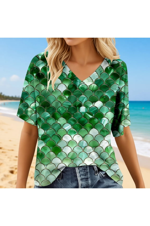 Womens T Shirts Half Sleeve V-Neck Scale Print T-Shirt Fun Summer Beach Top Green XXL