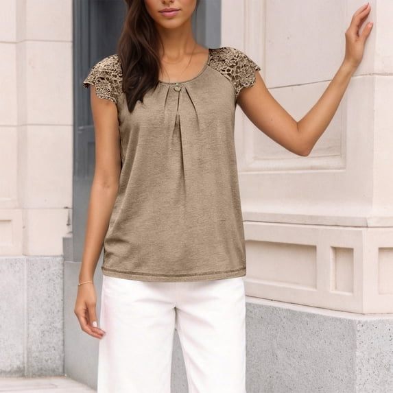 Womens T Shirts Lace Sleeve Hollow Short Sleeve Round Neck Loose T Shirt Womens Summer Tops Khaki XL