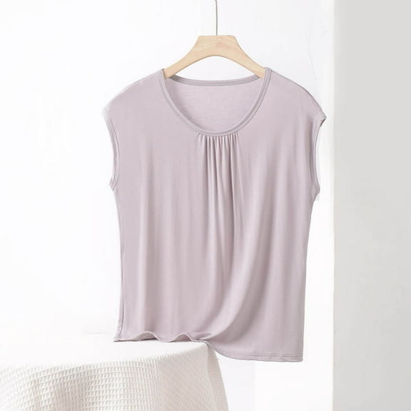 Womens T Shirts Ladies Tank Tops Sleeveless Summer Top Elegant Round Neck Blouse Shirts Loose Solid Color Tunic Casual Tee Beige XXL