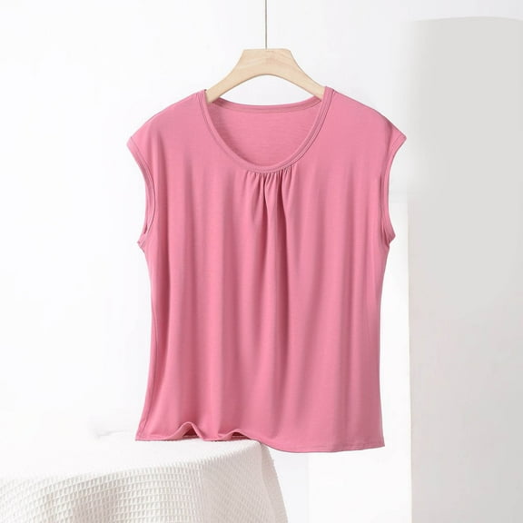 Womens T Shirts Ladies Tank Tops Sleeveless Summer Top Elegant Round Neck Blouse Shirts Loose Solid Color Tunic Casual Tee Hot Pink XXXXXL