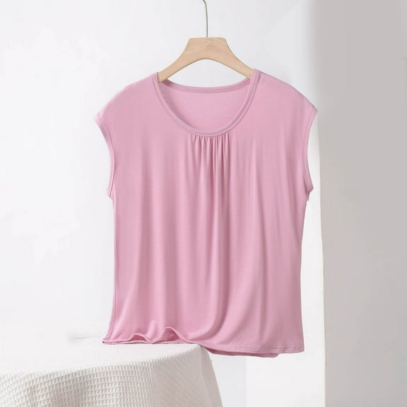Womens T Shirts Ladies Tank Tops Sleeveless Summer Top Elegant Round Neck Blouse Shirts Loose Solid Color Tunic Casual Tee Pink XL