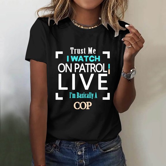 Womens T Shirts Letter Print Short Sleeve Crewneck Funny Cop Quote Top Womens Blouse Black L