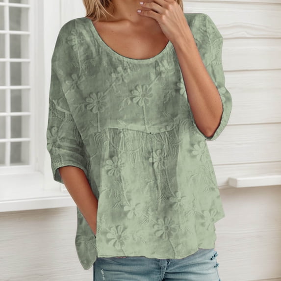 Womens T Shirts Lightweight Bohemian Style Embroidered Elbow Length Sleeve Crew Neck Top Tees For Women Green XL