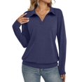 thumbnail image 1 of Womens T-Shirts Long Sleeve Banded Bottom Tops Business Casual Tops Collared V Neck Blouses Navy Blue L, 1 of 7
