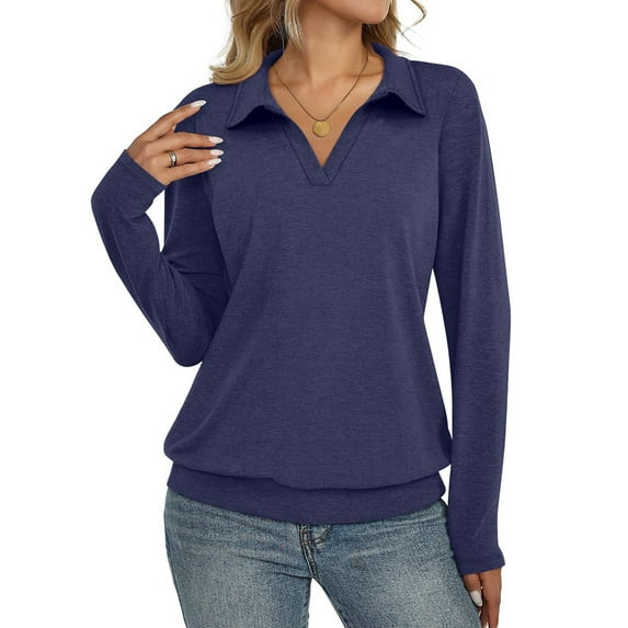 Womens T-Shirts Long Sleeve Banded Bottom Tops Business Casual Tops Collared V Neck Blouses Navy Blue L