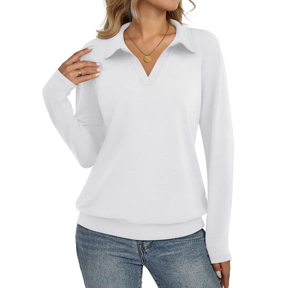 Womens T-Shirts Long Sleeve Banded Bottom Tops Business Casual Tops Collared V Neck Blouses White XXL